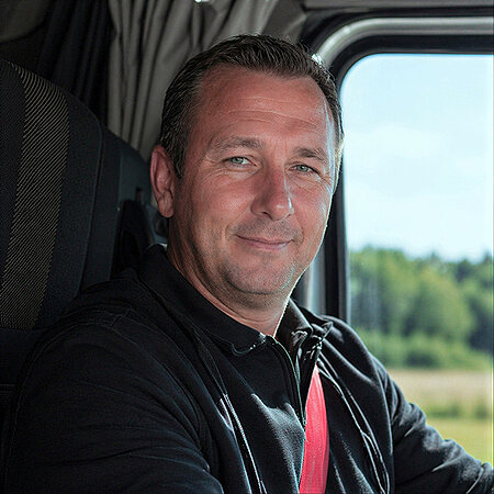 Lächelnder Lkw-Fahrer mit angelegtem Sicherheitsgurt in der Fahrerkabine.
