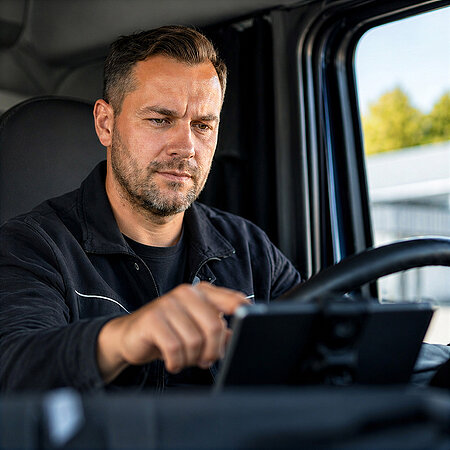 Lkw-Fahrer bedient ein digitales Endgerät in der Fahrerkabine.