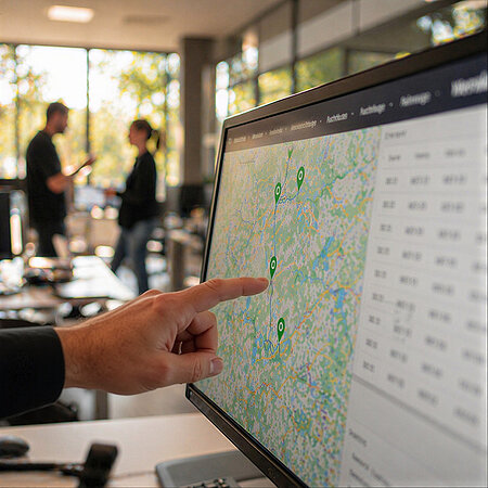 Eine Hand zeigt auf eine digitale Karte mit markierten Transportstandorten auf einem Monitor.