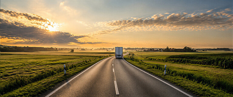 Lkw fährt bei Sonnenaufgang auf einer Landstraße durch eine weitläufige Feldlandschaft.