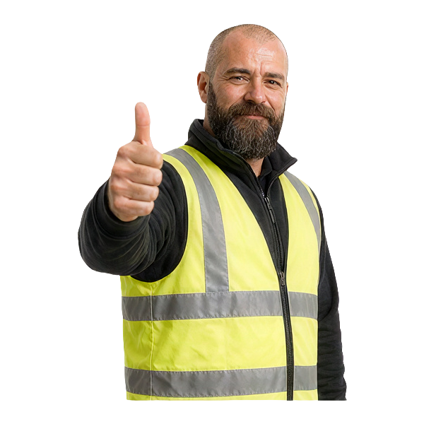 Fahrtrainer in Warnweste zeigt mit erhobenem Daumen Zustimmung.