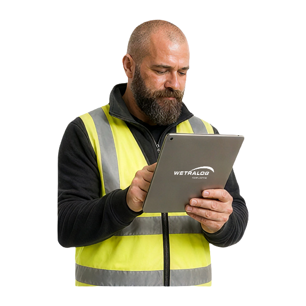 Wetralog-Fahrtrainer in Warnweste arbeitet mit einem Tablet.