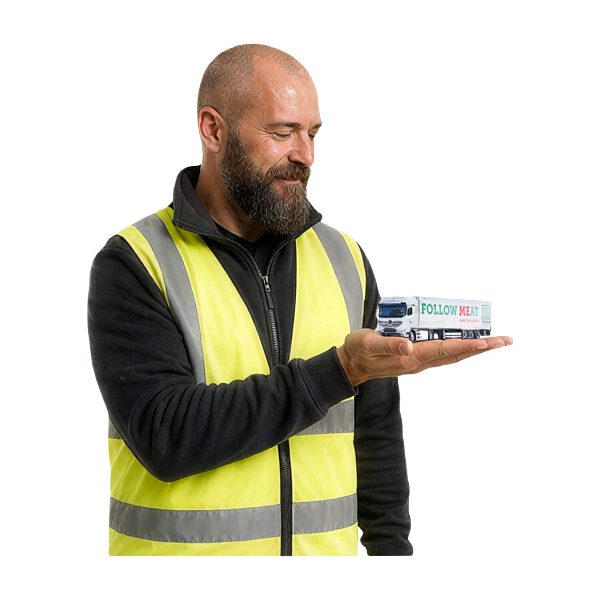 Wetralog-Fahrtrainer in Warnweste hält ein Modell eines Wetralog-Lkw auf der Hand.