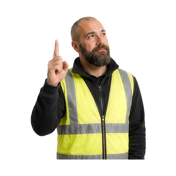Wetralog-Fahrtrainer in Warnweste zeigt mit erhobenem Zeigefinger nach oben.