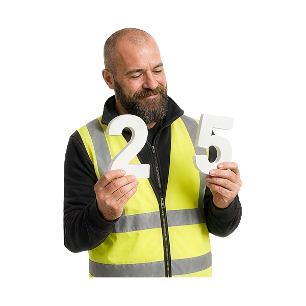 Wetralog-Fahrtrainer in Warnweste hält die Zahlen 25 als Symbol für über 25 Jahre Ausbildungserfahrung.