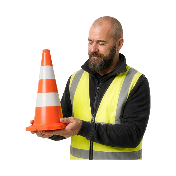 Wetralog-Fahrtrainer in Warnweste hält einen orange-weißen Leitkegel.