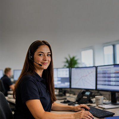 Wetralog-Mitarbeiterin mit Headset an einem Arbeitsplatz mit mehreren Monitoren.
