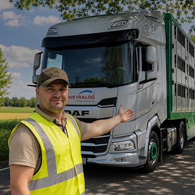 Wetralog-Mitarbeiter in Warnweste präsentiert einen Tiertransport-Lkw.